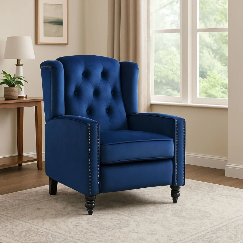 Image of LUXURY LIFE Althorpe Velvet Push Back Recliner Armchair in Blue ARMCHAIR-ALTHORPE-BlueVELVET