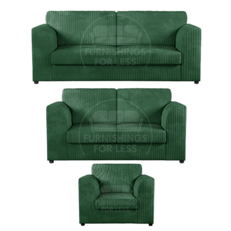 Image of Furnishings For Less UK Luxor Jumbo Cord 3 + 2 + 1 Fabric 3 Piece Sofa Suite - Fullback Green