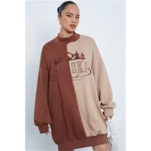Image of I Saw It First Brown Spliced Embroidered Alaska Oversized Sweater Dress - Brown