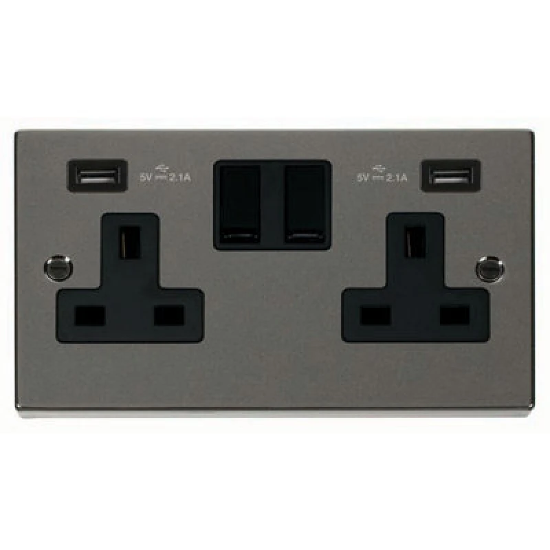 Image of SE Home Black Nickel 2 Gang 13A 2 USB Twin Double Switched Plug Socket Black