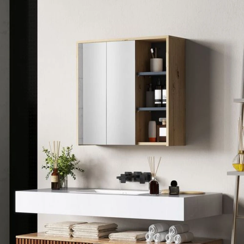 Image of HOMCOM Bathroom Cabinet Wall Mounted Mirror Storage with Shelves Natural Natural