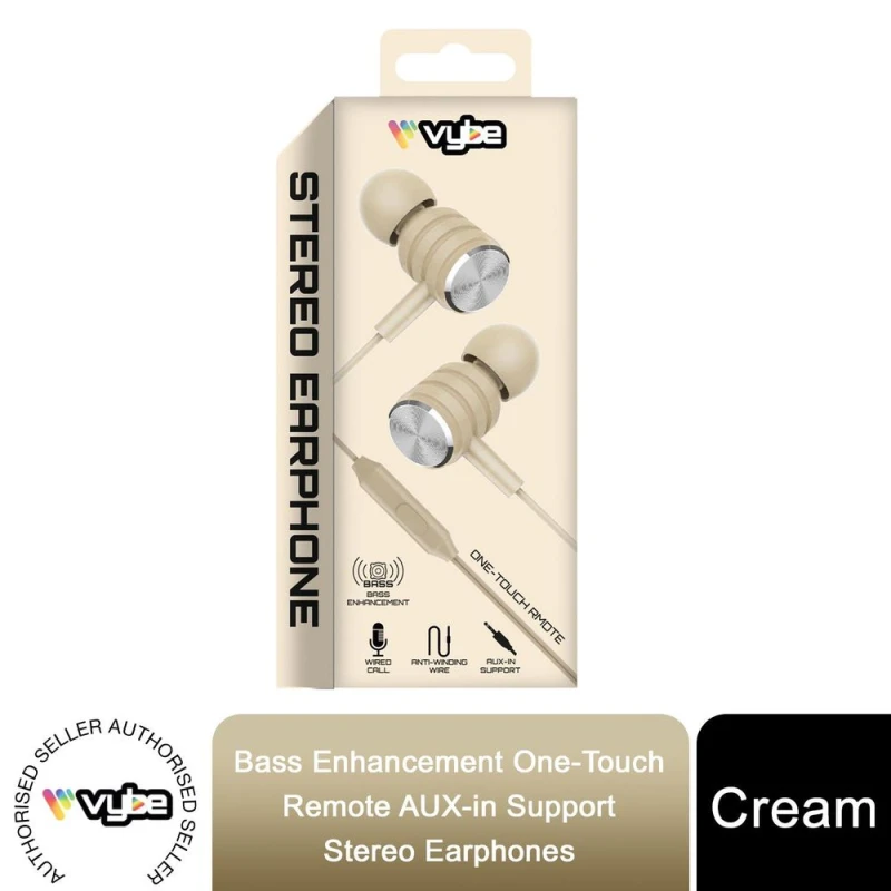 Image of Vybe Premium Cream Vybe Bass One-Touch Remote AUX Stereo Earphones