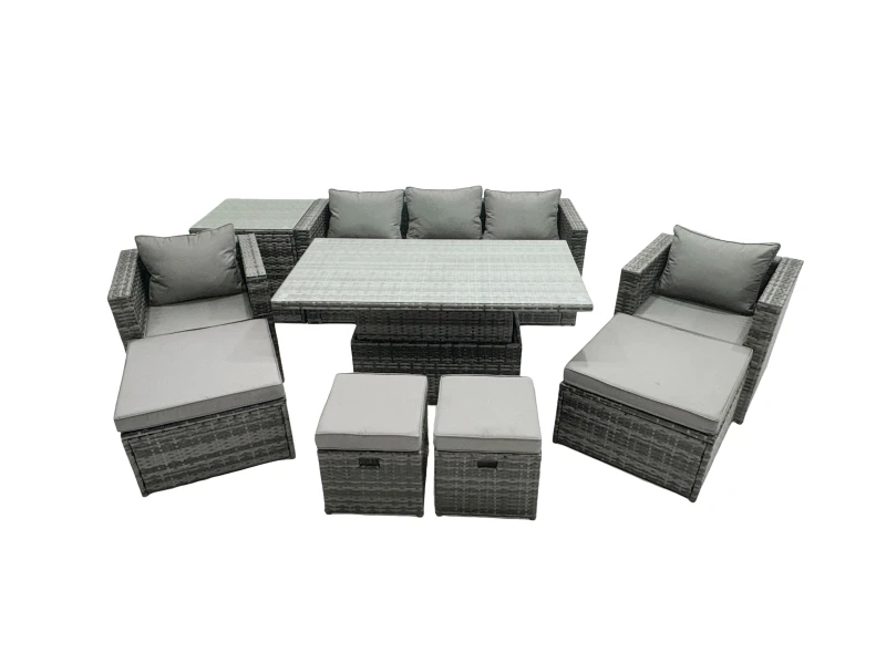 Image of Fimous Rattan Lounge Sofa Rising Dining Table Set & Side Table 4 Footstool in Dark Grey Dark Grey Unisex