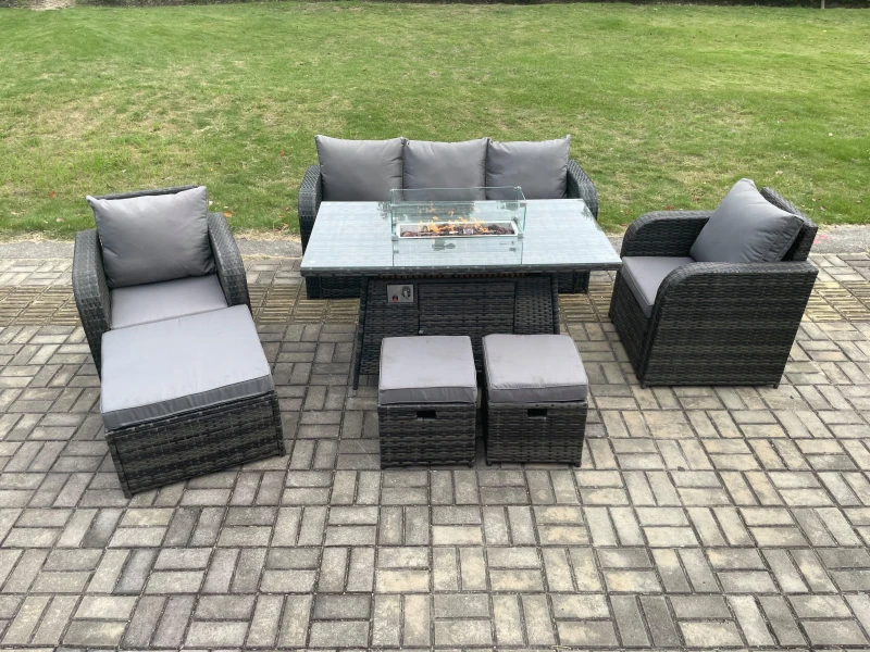 Image of Fimous Wicker Rattan Garden Furniture Sofa Set Gas Fire Pit Dining Table Indoor Outdoor with Chair 3 Footstools Dark Grey