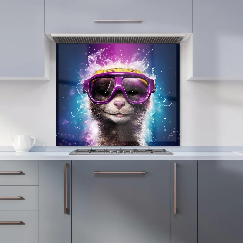 Image of Warren Reed - Designer Splashart Ferret With Glasses Purple Kitchen Splashback Size: 700mm x 650mm Purple Unisex 700mm x 650mm