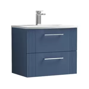 Image of Deco Satin Blue 600mm Wall Hung 2 Drawer Vanity Unit with 30mm Curved Profile Basin - DPF393G - Satin Blue - Nuie