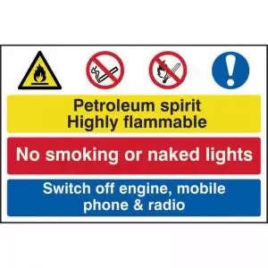 Image of Petroleum Spirit No Smoking Switch Off Engine; Mobile&rsquo; Sign;