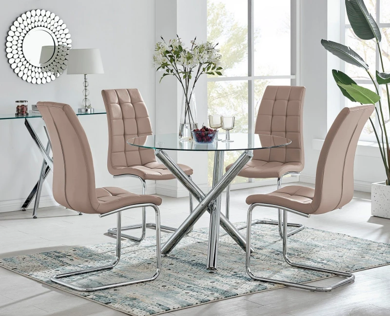 Image of FurnitureboxUK FurnitureboxUK Selina Round Glass Chrome Leg Dining Table and Murano Chairs in Beige Size: 4 Person Beige 4 Person Unisex 50565426563