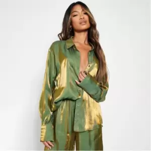 Image of I Saw It First Iridescent Satin Oversized Shirt Co Ord - Green