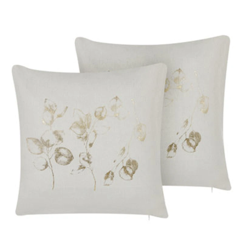 Image of Beliani Set Of 2 Decorative Cushions Gomphrena 45 X 45cm Light Beige Plant Pattern