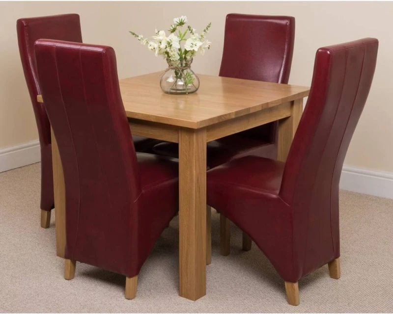 Image of Thats Furniture Oslo 90 x 90cm Oak Small Dining Table & 4 Lola Leather Chairs in Red Red Unisex 90 x 90 cm
