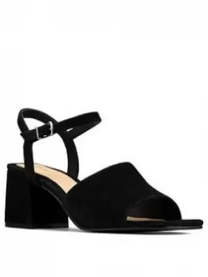 Image of Clarks Sheer65 Suede Block Heeled Sandal Black Suede, Size 7, Women