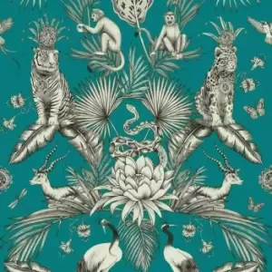 Image of Menagerie Teal Tropical Jungle Animals Safari Plants Wallpaper - Belgravia