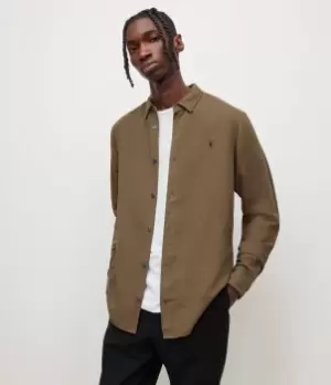 Image of AllSaints Mens Sobo Linen Blend Ramskull Shirt, Khaki Green, Size: M
