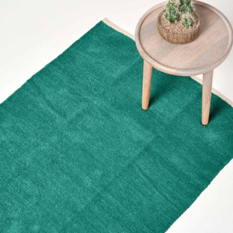 Image of Homescapes Teal Green 100% Cotton Plain Chenille Rug With Natural Trim, 45 X 70 Cm