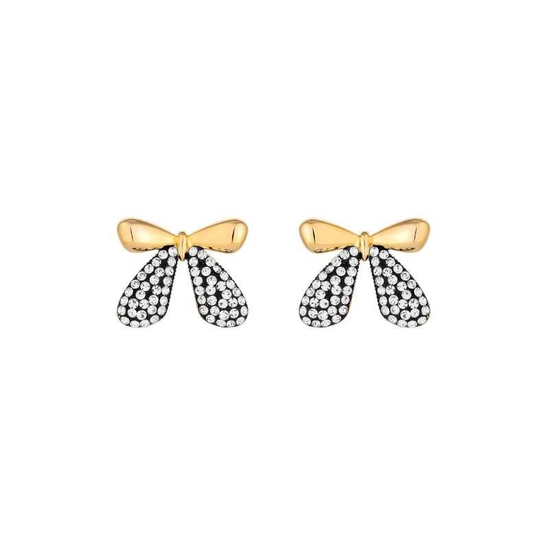 Image of Mood Gold Black And Crystal Mini Bow Stud Earrings Gold female