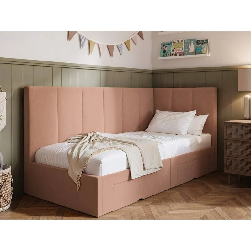 Image of Flair Harley Corner Fabric Bed Frame with Storage Drawers in Pink Size: Single Pink Unisex Single