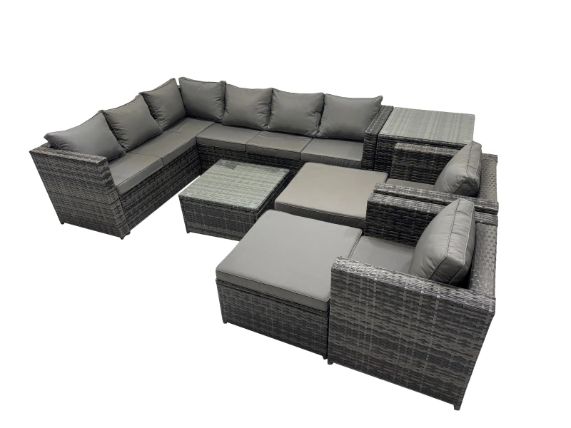 Image of Fimous Patio Furniture Sets with Corner Sofa Square Coffee Table 2 Big Stool in Dark Grey Dark Grey Unisex