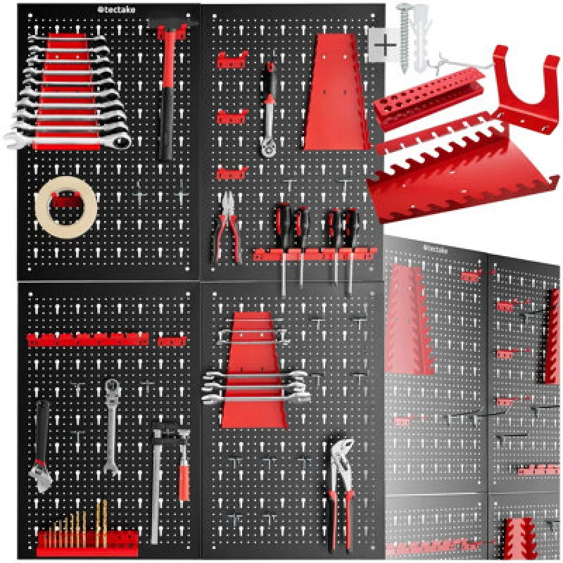 Image of Tectake Tool Pegboard Jonah - Hooks And Holders 4-Panel - Black/red