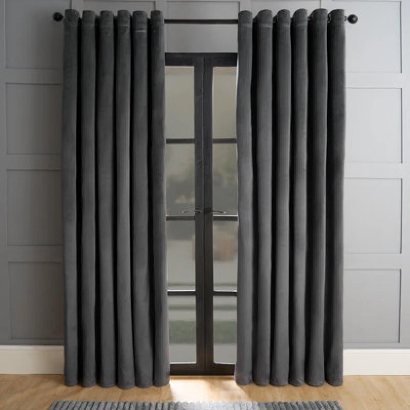 Image of OHS OHS Thermal Matte Velvet 2 Pair Ready Made Eyelet Curtains in Charcoal Size: 229cm width x 229cm drop Charcoal 229cm width x 229cm drop Unisex 5