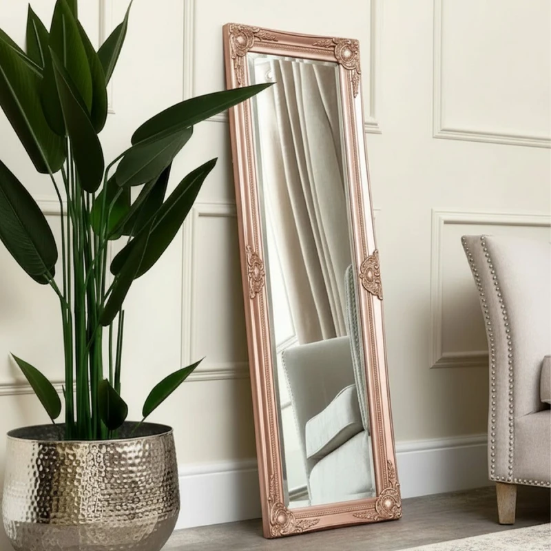 Image of Melody Maison Tall Ornate Rose Gold Pink Mirror 47cm X 142cm Rose Gold