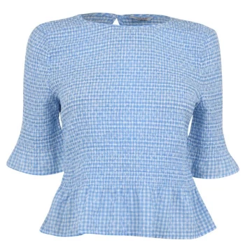 Image of Jack Wills Plaxtol Gingham Shirred Peplum T-Shirt - Pale Blue
