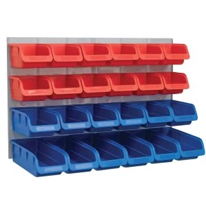 Image of Faithfull 24 Plastic Storage Bins with Metal Wall Panel - Red/Blue