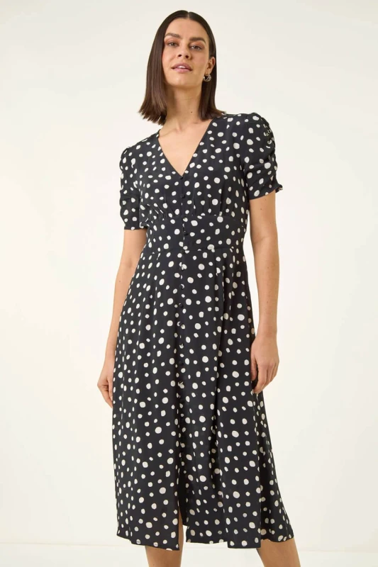 Image of Roman Womens Polka Dot Ruched Sleeve Midi Dress in Black Size: 18 Black Female 18
