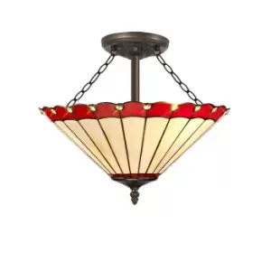 Image of 3 Light Semi Flush Ceiling E27 With 40cm Tiffany Shade, Red, Crystal, Aged Antique Brass