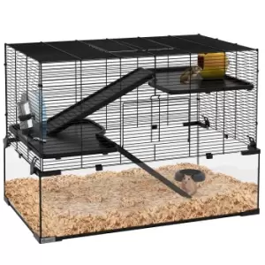 Image of PawHut 3 Tiers Hamster Cage, Gerbil Cage with Deep Glass Bottom, Non-Slip Ramps, Platforms, Hut Exercise Wheels Water Bottle for Syrian Dwarf Hamster