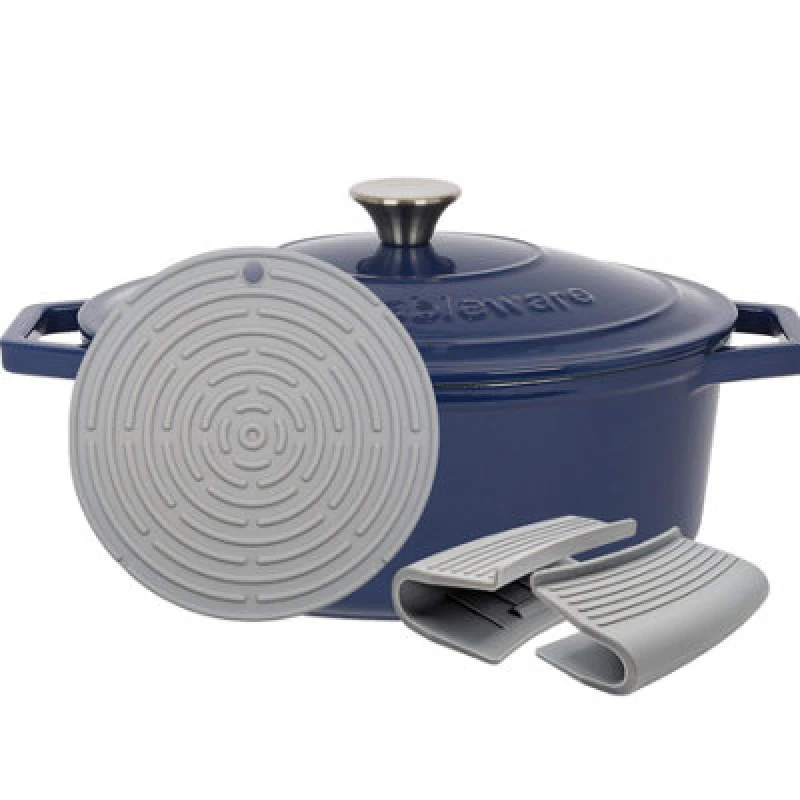 Image of Argon Tableware Oval Cast Iron Casserole Dish - 4.68L Blue Enamel Finish, Oven Safe Dutch Oven Cookware With Lid
