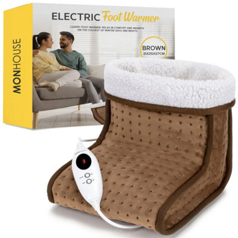 Image of Monhouse Electric Foot Warmer - Cold Feet Warmers For Home Use And Office Under Table Desk - Soft, Breathable Heating Pad - Brown