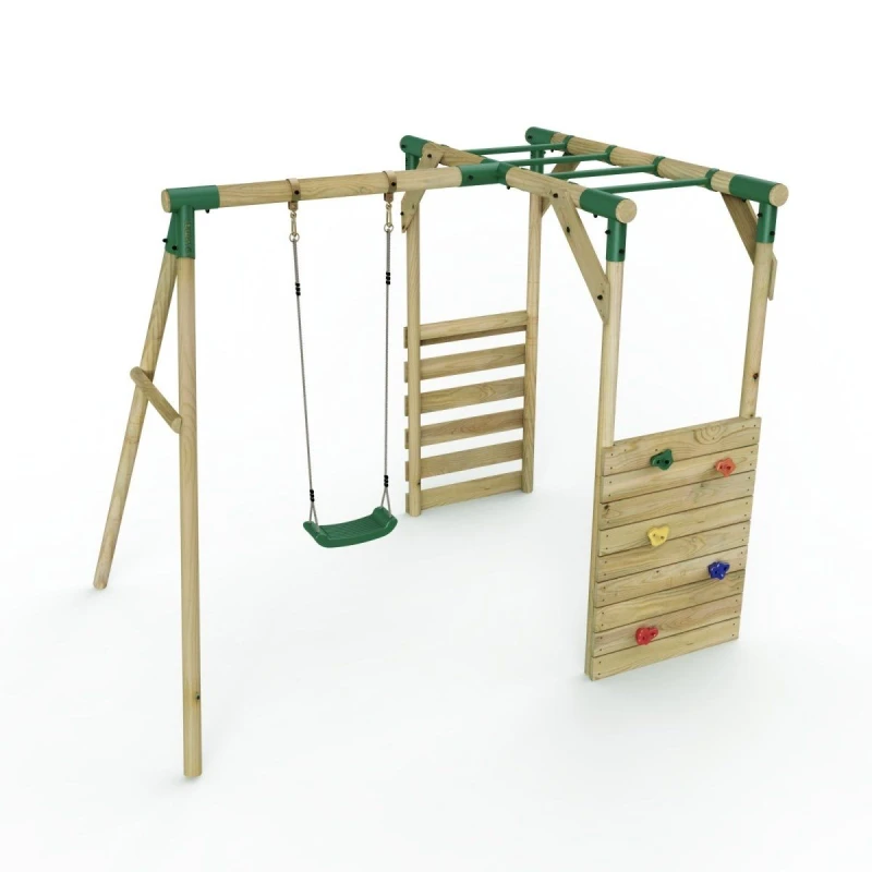 Image of Rebo Wooden Single Swing Set with Climbing Wall and Monkey Bars - Solar Green Green