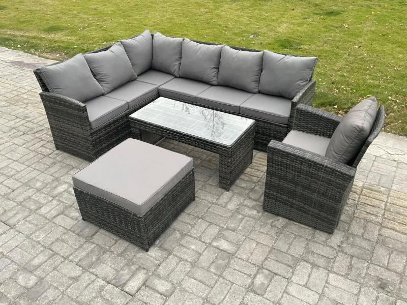 Image of Fimous Rattan Garden Furniture Sets High Back Corner Sofa Oblong Coffee Table Set with Big Footstool Armchair Dark Grey Mixed Dark Grey Unisex