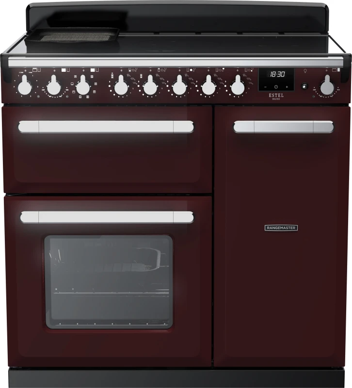 Image of Rangemaster Estel Deluxe ESDL90EIPBOR/CM1 90cm Electric Range Cooker with Induction Hob - Bordeaux / Chrome - A/A Rated