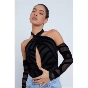 Image of I Saw It First Black Flock Velvet Mesh Geometric Halterneck Cut Out Long Sleeve Bodysuit - Black
