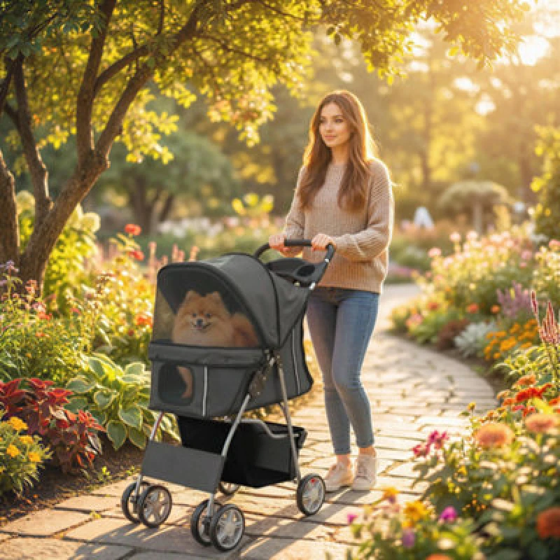 Image of Pawhut Pet Stroller Carrier Foldable Deluxe Walk Travel Dog, Dark Grey