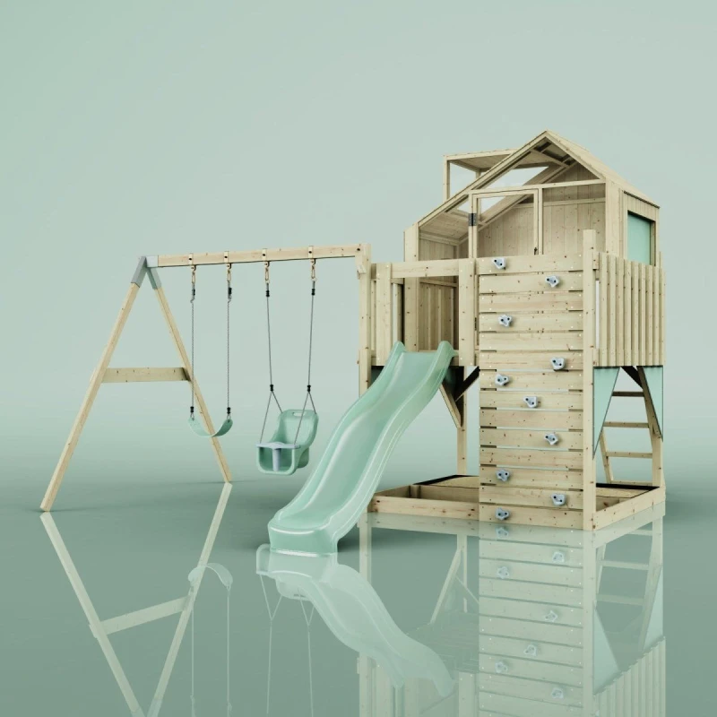 Image of OutdoorToys PolarPlay Kids Climbing Tower & Playhouse - Swing Saga Sage in Beige Beige Unisex