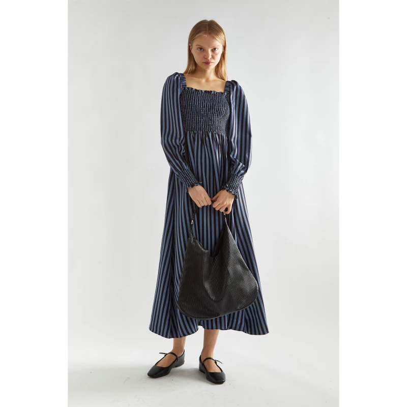 Image of Glamorous Blue-Black Stripe Shirred Midi-Dress Blue female 8 (XS)