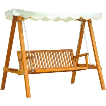Image of Outsunny - 3 Seater Wooden Wood Garden Swing Chair Seat Outdoor Hammock Bench Furniture, Cream White