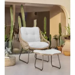 Image of Furniturebox Tahiti Large Outdoor Brown PE Rattan Chair & Footstool Set with Light Grey Cushions For The Boho Garden Or Patio