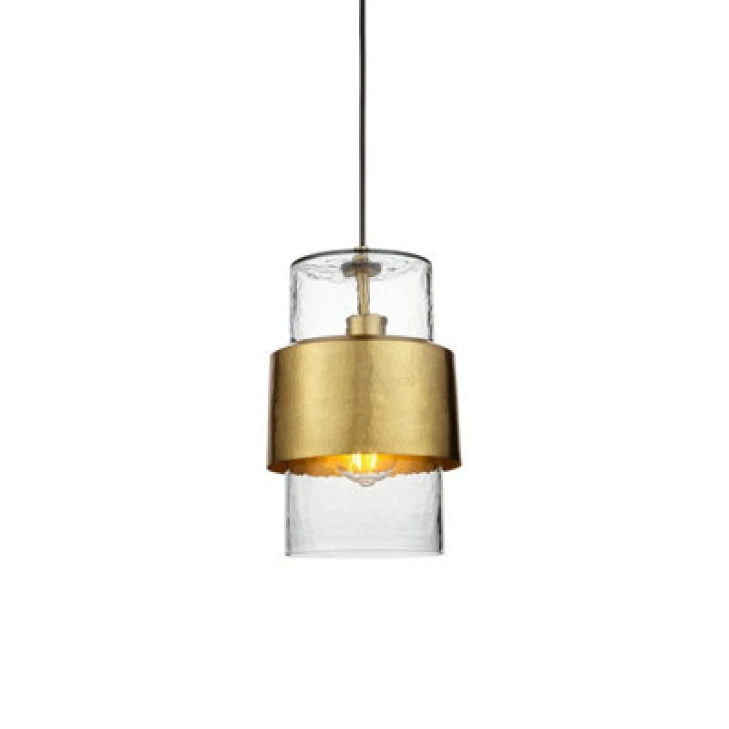 Image of Palermo Slim Pendant Ceiling Light Hammered Brass Plate, Textured Clear Glass