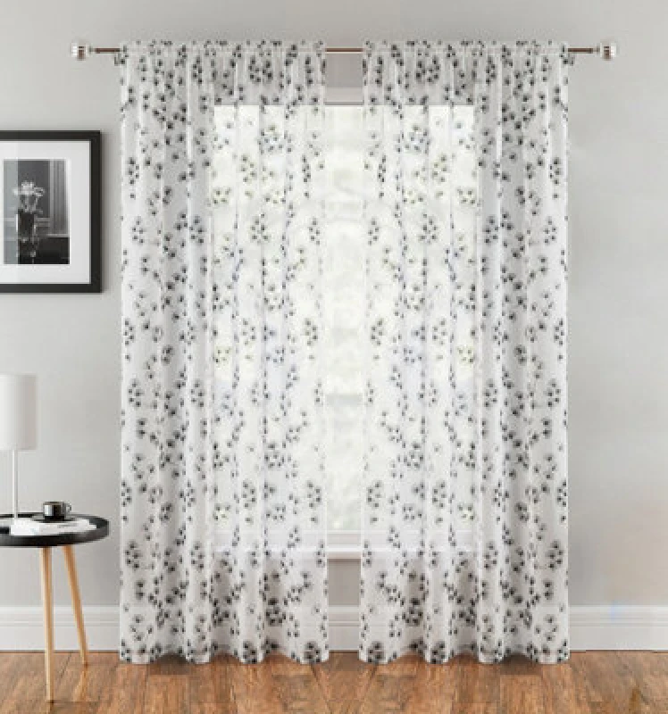 Image of Tyrone Textiles Delila Black Leaf Print Voile Panel - Pair 140 X 183Cm (55X72")