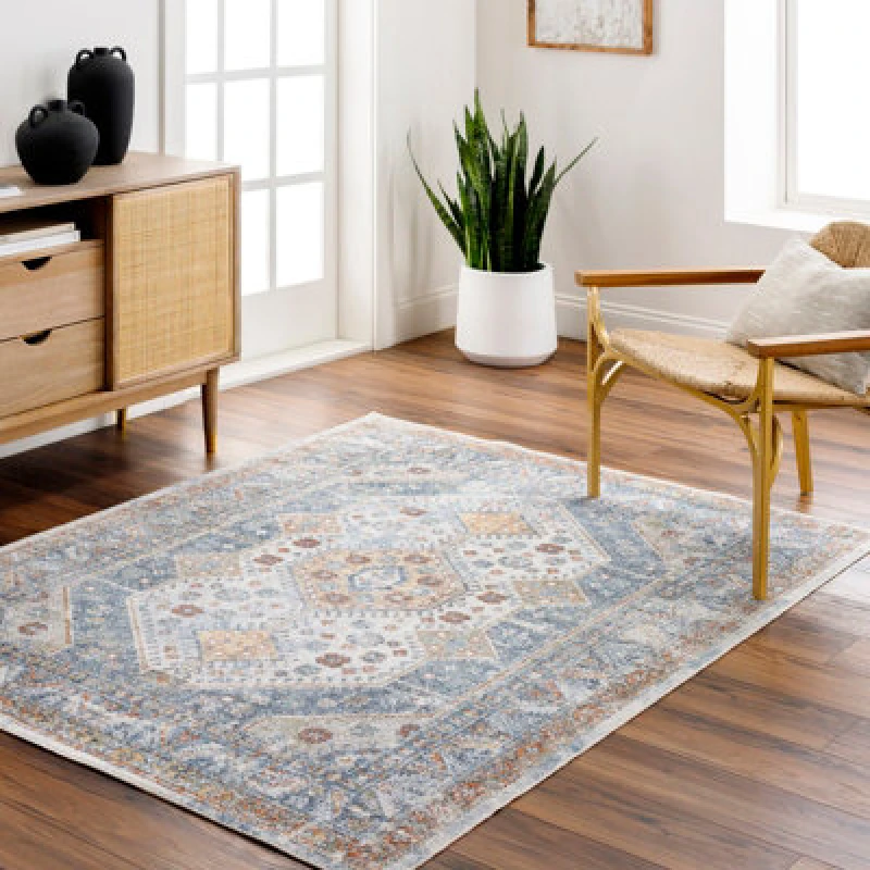 Image of Livabliss Machine Washable Oriental Boho Denim Alka Area Rug 140 X 200 Cm - Easy Care, Non Shedding, Ideal For Living Room & Bedroom