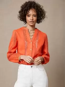Image of Mint Velvet Linen Lace Trim Insert Blouse, Orange, Size 10, Women