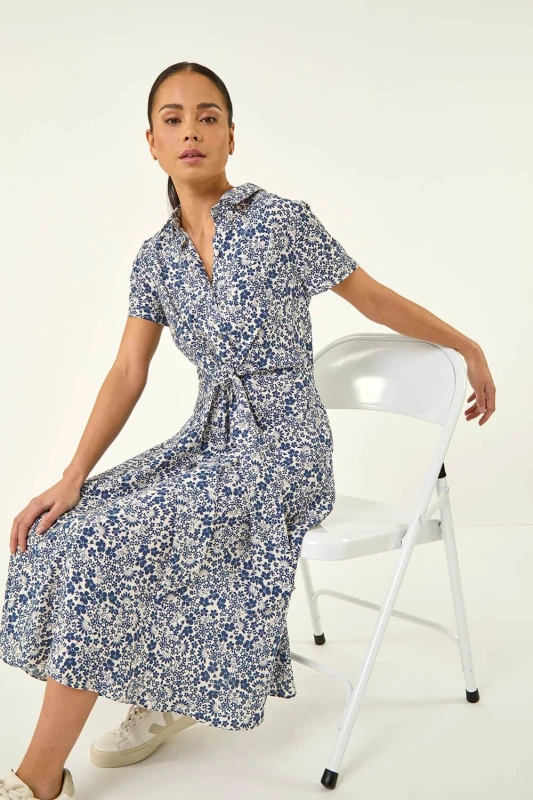 Image of Roman Womens Petite Ditsy Tie Front Midi Dress in Blue Size: 14 Blue Female 14