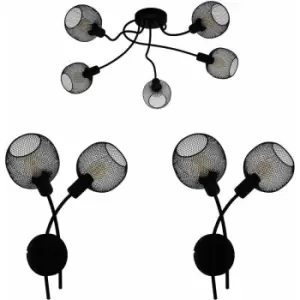 Image of Low Ceiling Light & 2x Matching Wall Lights Black Metal Mesh Shade Multi Lamp