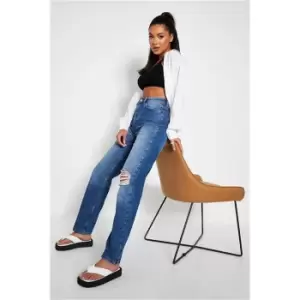 Image of I Saw It First Mid Blue Ripped Knee Straight Leg Jeans - Blue
