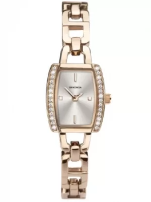 Image of Sekonda Ladies Rose Gold Plated Stone Set Silver Sunray Rectangle...