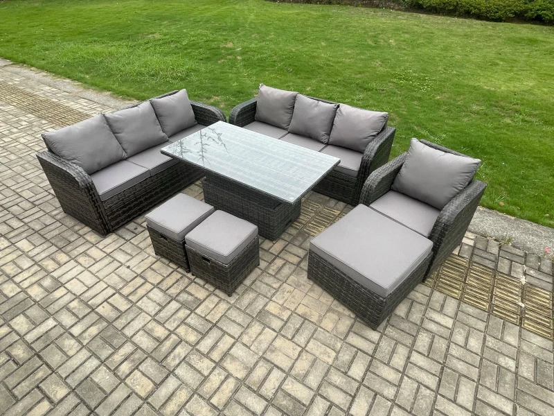 Image of Fimous Outdoor Rattan Garden Furniture Sets Height Adjustable Rising lifting Dining Table Sofa Set with Reclining Chair Dark Grey Mixed Dark Grey